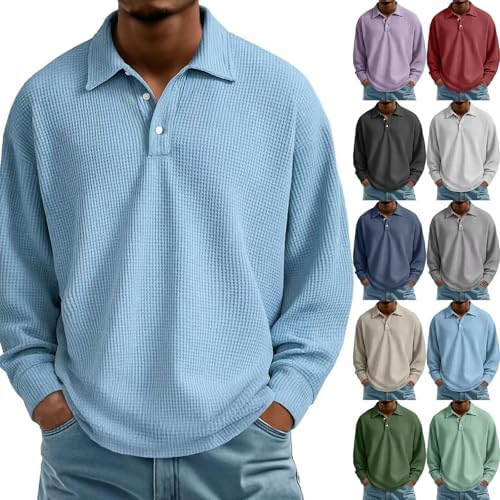 Waffle Polo Shirts for Men Button Down Polo Sweater Collared Textured Tops Casual Long Sleeve Workout Golf Shirt