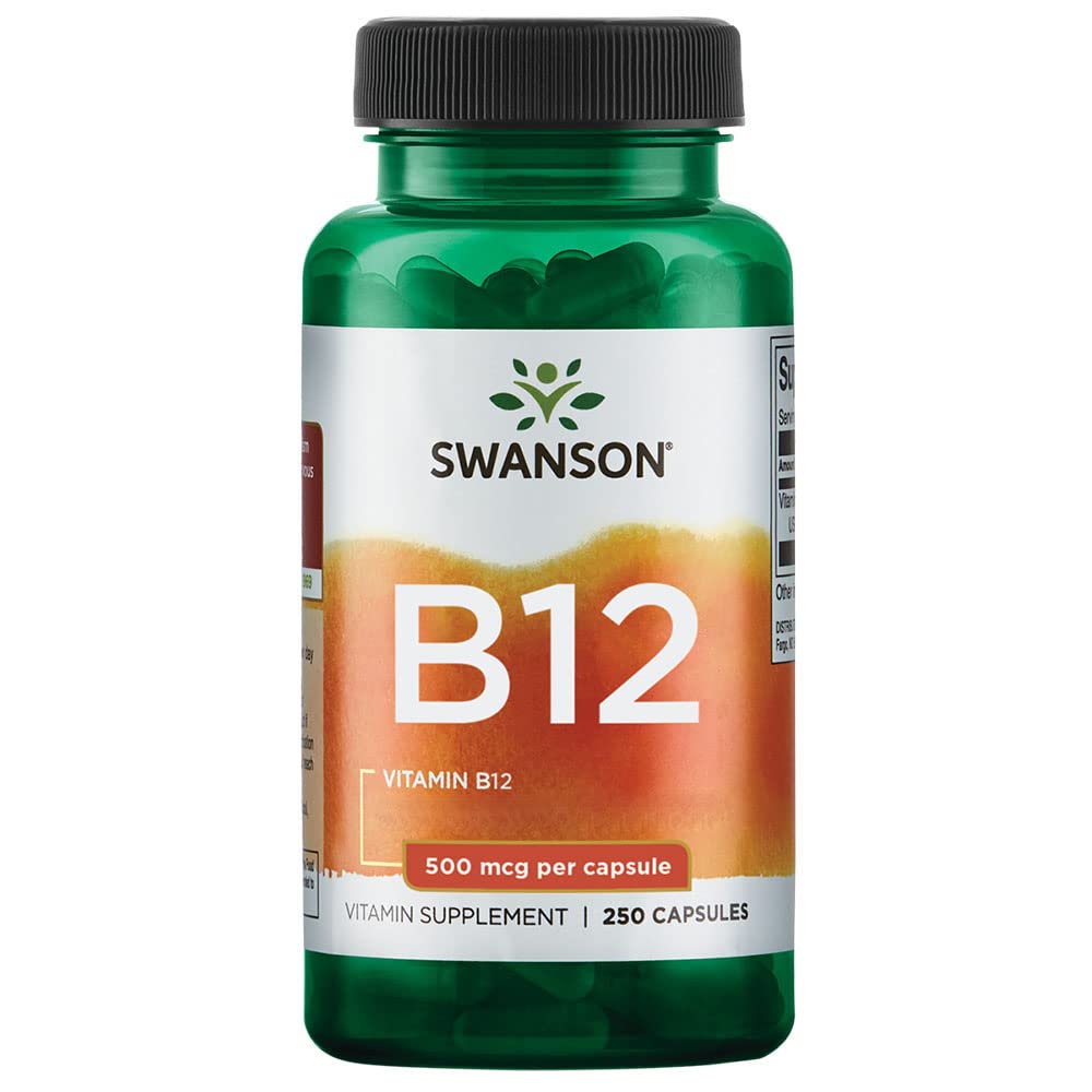 Swanson, Vitamina B12, Cianocobalamina, 500mcg, 250 Capsule, Altamente Dosato, Testato in Laboratorio, Senza Soia, Senza Glutine, Non OGM