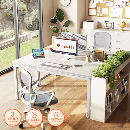 Image of Huuger 55 x 24 inch Desk with Power Outlets & USB-C, Deeper & Thicker Desktop, Robust Metal Tubes, Computer Desk, Heavy Duty Office Desk, Work Gaming Desk for Home Office, White