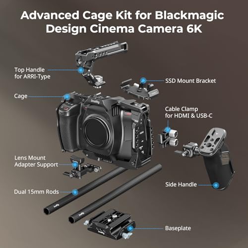 Image of SmallRig Camera Cage Advanced Kit for Blackmagic Design Cinema 6K, Only for BMCC 6K, with Top Handle, Rotating Side Handle, SSD Bracket, Cable Clamp, Lens Mount Adapter, 15mm Rods and Baseplate - 4575
