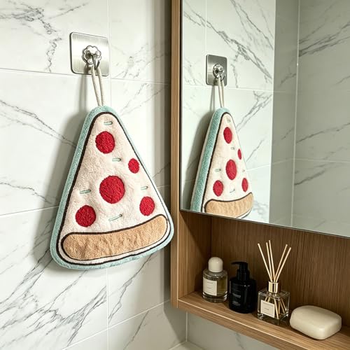 Image of House of Quirk Pizza Bread Shaped Hanging Towels Set of 2 | Soft Coral Fleece Kitchen & Bathroom Towels | Super Absorbent & Quick-Dry Decorative Cloths (Pizza /Bread)