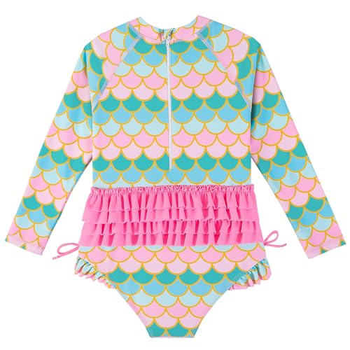AIWUHE Toddler Girls Rash Guard Swimsuit Long Sleeve One Piece Swimwear Ruffled Zipper Bathing Suit UPF 50+ Bikini 1-5T2