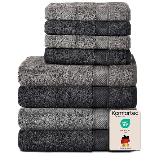 Komfortec Ensemble de Serviettes 8 Pièces, 4 Serviettes de Bain 70x140 cm et 4 Essuie-Mains 50x100 cm, 100% Coton, Gris Anthracite/Noir
