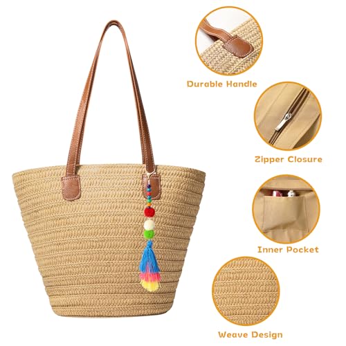 Image of Trifabricy Beach Bags for Women, Woven Straw Tote Bags,Large Beach Bag, Weaving Swim Shopping Travel Bag Waterproof