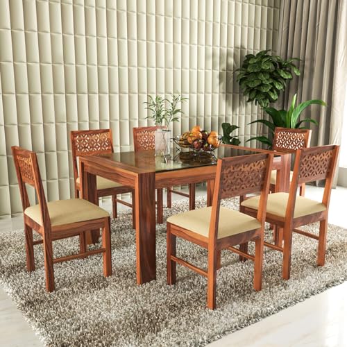 Image of Solid Sheesham Wood Dining Glass Top Table Set of 6| Wooden 6 Seater Dining Table with 6 Chairs with Cushion|Wood Dining Table & Chairs for Home, Restaurant, Dining Room |Honey Finish