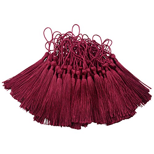 100pcs 13cm/5'' Silky Floss Bookmark Tassels with 2-Inch Cord Loop and Small Chinese Knot for Jewelry Making, Souvenir, Bookmarks, DIY Craft Accessory (Wine Red)