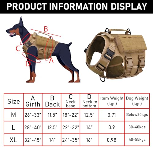 AIWAI Tactical Hundegeschirr mit Griff für große Hunde, 2X Metallschnalle, Hund MOLLE Weste mit Taschen, Kein Zug Verstellbare Easy Control Hundeweste Geschirr für Working Training (Khaki, L)