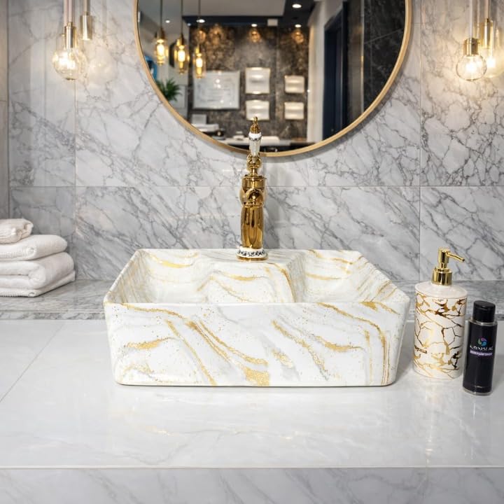 Image of Ceramic Tabletop Wash Basin - Glossy Rectangular Countertop Vessel Sink with Marble Finish for Bathroom & Vanity | Compact 16 x 13 x 5 Inch | Elegant Washbasin
