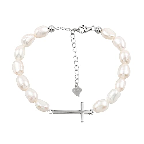 925 Sterling Silver Sideways Cross Charm Cultured Freshwater Baroque Pearl Bracelet