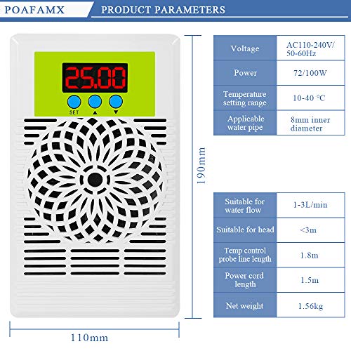 Poafamx 5gal Aquarium Water Chiller 20L Fish Tank Cooling System 25-40℃ Temperature Setting Constant Quiet for Home Use Jellyfish Coral Aquaculture 110V with pump (20L Chiller)