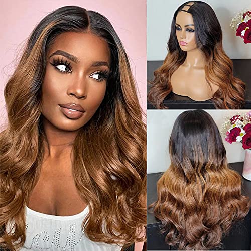 Ombre U Part Human Hair Wig Body Wave 1B/30 Colored 10A Brazilian Remy Human Hair Glueless U Part Wig for Black Women 2x4 U Shape Clip in Half Wig Ombre Brown 150% Density Middle Part 22 Inch