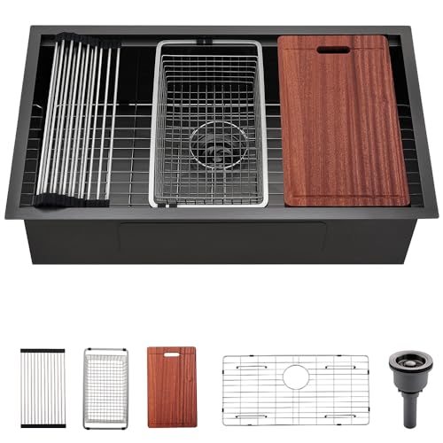 32 Black Undermount Kitchen Sink Workstation, Dorzom 32 x 19 x 10 in Matte Metallic Black Stainless Steel Undermount 16 Gauge Single Bowl Workstation Ledge 10 Inch Deep Kitchen Sink with Accessories by Dorzom - Used condition - CA$210.69