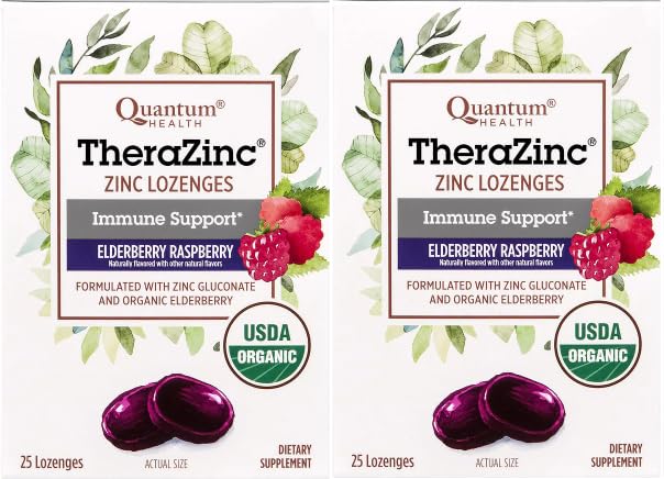 Quantum Health TheraZinc USDA Organic Zinc Lozenges, Eldertry Raspberry, Immune Support Formulated with Zinc Gluconate, Fast Relief, No Aftertaste, 25 Count - Pack of 2
