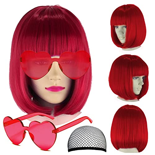 Image of LIULIUBTY Short Bob Hair Wigs Straight with Flat Bangs Synthetic Colorful Cosplay Daily Party Neon Wig for Women + Free Wig Cap 12 inch Natural As Real (Red)
