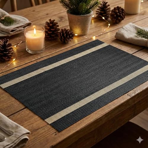 Image of YELONA Placemats Set of 4, Heat-Resistant Woven Vinyl Table Mats, Non-Slip & Washable Dining Tablemats for Kitchen & Dinner Decor, Black & Beige (45cm x 30cm)
