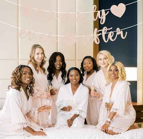 Image of Pre-Strung Happily Ever After Banner - Rose Gold Glitter Bachelorette Bridal Engagement Party Decoration Supplies, Bachelorette Wedding Party Banner for Engagement, Bridal Shower, Wedding Party Photo Booth Props