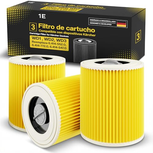 3 filtros para aspiradora Kärcher [WD3, WD2, WD1, MV3, MV2, A, K, KNT, NT, SE, VC] – Reemplaza 6.414-552.0 – 3 filtros redondos + 3 tornillos de fijación para polvo fino y olores