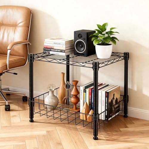 Image of 2-Wire Shelving Unit, Multi-Tier Stackable Metal Storage Shelves, Versatile Utility Shelves & Wire Rack for Garage Shelving, Pantry Shelves, Office, Living Room, Garage,Black