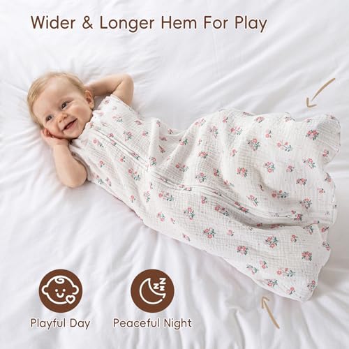 Image of david's kids Muslin Cotton Baby Sleep Sack 6-12 Months, 2 Pack 100% Cotton Sleep Sack for Summer, TOG 0.5 Baby Wearable Blankets with 2-Way Zipper, Soft Sleep Sacks for Newborn, Rabbit & Floral