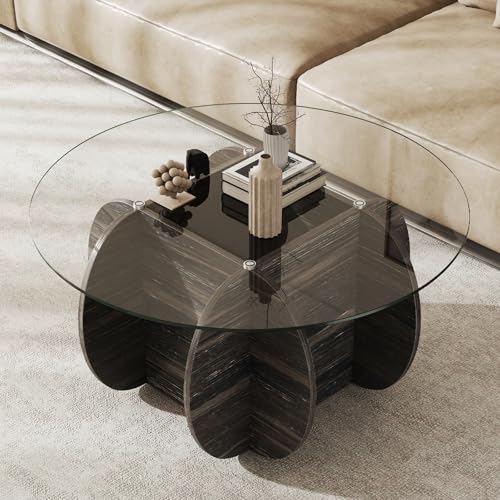 GOPLUS Table Basse Ronde en Verre Trempé, φ89CM Table Basse Salon avec Plateau Spacieux et Pieds en Bois d’Hévéa pour Bureau, Chambre, Capacité 100...