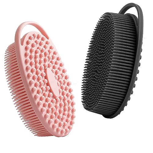 KQNBI Silicone Body Scrubber Loofah Exfoliating Shower Scrubber 2 Pack in 1 Exfoliator with Handle Scrub Bath Scalp Massager Shampoo Brush