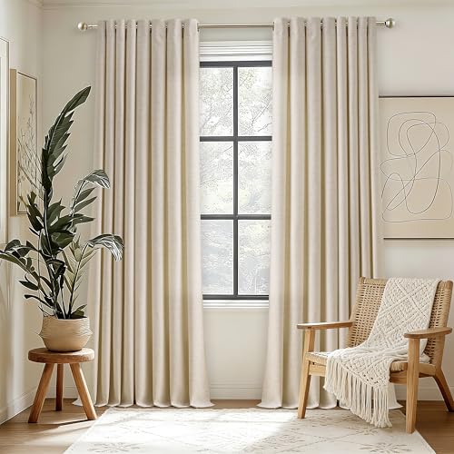 Image of 84 Inch Length Semi Sheer Beige Linen Curtains 2 Panels Set 52x84 | Light Filtering, Grommet Drapes, Thick Linen, Privacy, Non-See-Through Curtain, Boho, Living Room, Bedroom, Sand, Oatmeal
