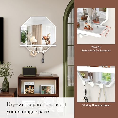 Image of BEAUTME 20x20 inch Octagon Wall Mirrors with Shelf and Hooks, Metal Framed Octagon Mirror for Entryway, Modern Farmhouse Decor Wall Mounted Mirror for Living Room Bedroom Entryway (White)