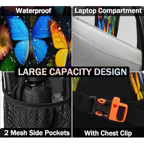 Butterfly Clear Backpack for Stadium Events, Butterfly Painting Waterproof Clear Bag for Women Men Adult Sport Work Daily Music Festival and Concerts3