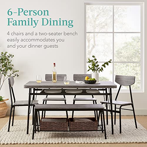 Best Choice Products 6-Piece 55in Modern Dining Set for Home, Kitchen, Dining Room w/Storage Racks, Rectangular Table, Bench, 4 Chairs, Steel Frame - Gray - Image 3