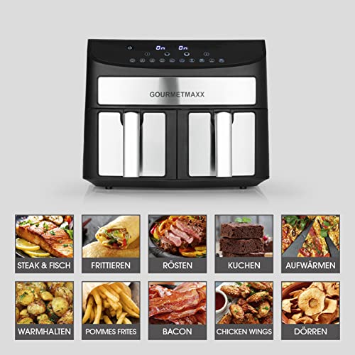 GOURMETmaxx Doppelkammer-Heißluftfritteuse 2x 3,5L - Edelstahl | Airfryer mit Synchro-Garzonen, Timerfunktion & Touchdisplay | energiesparend frittieren | 10 Programme | 2400 Watt – Bild 6
