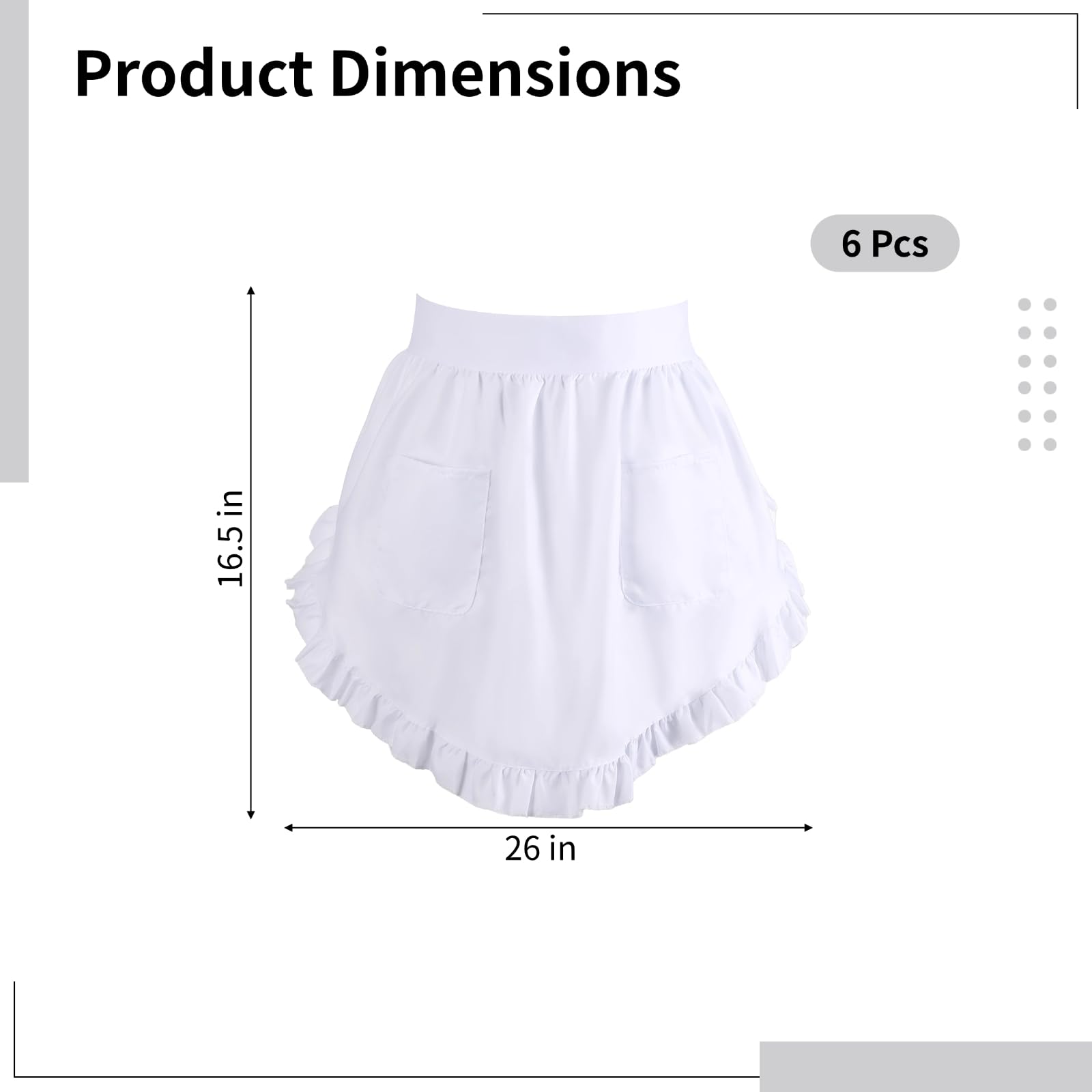 6 delantales blancos de poliéster con volantes, 26 x 16.5 pulgadas, lazos de 74 pulgadas, con bolsillos, delantal para mujer, para cocina y hospitalidad, disfraz de sirvienta de camarera