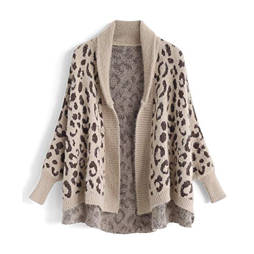 Chicwish Women's Fuzzy Leopard Open Front Batwing Sleeves Knit Cardigan Brown