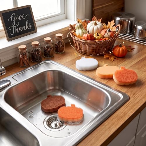 Image of Tioncy 12 Pack Pumpkin Kitchen Sponges Bulk Dual Sided Scrubber Brown Orange White Pumpkin Sponges Reuseble Non Scratch Dishwashing Kitchen Cleaning Accessories for Pot Boiler Pan Household