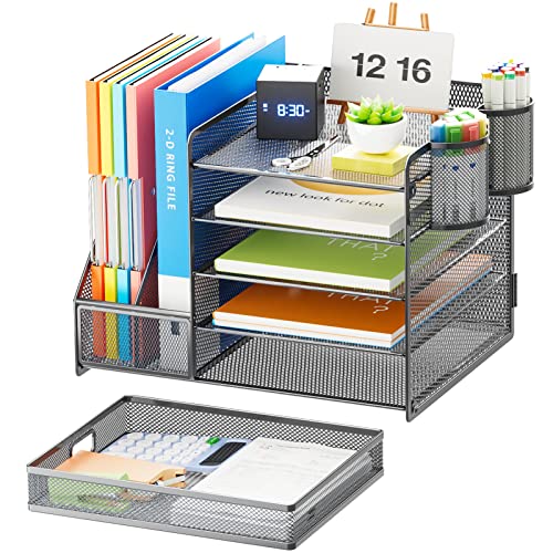 Marbrasse 5-Tier Desk Organizer with File Holder and Drawer for Office Supplies (Grey)
