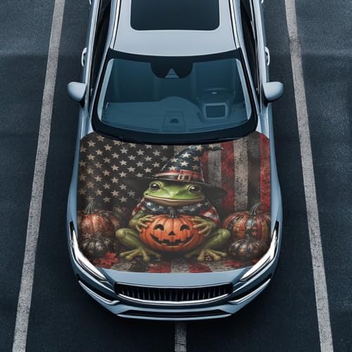 Image of Halloween Pumpkin Style Car Hood Cover Elastic Polyester Car Hood Protector Auto Patriotic Decorations Waterproof Sunproof Automotive Exterior Accessories
