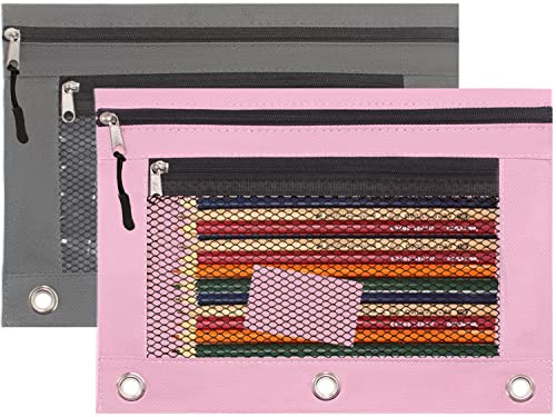 Pencil Pouch For 3 Ring Binder, 2 Pcs Mesh Binder Pencil Pouch With Zipper Puller, Clear Window Zipper Pencil Case Pencil Bags With Double Pocket For Storing School Supplies (Grey&Pink) #TOP20