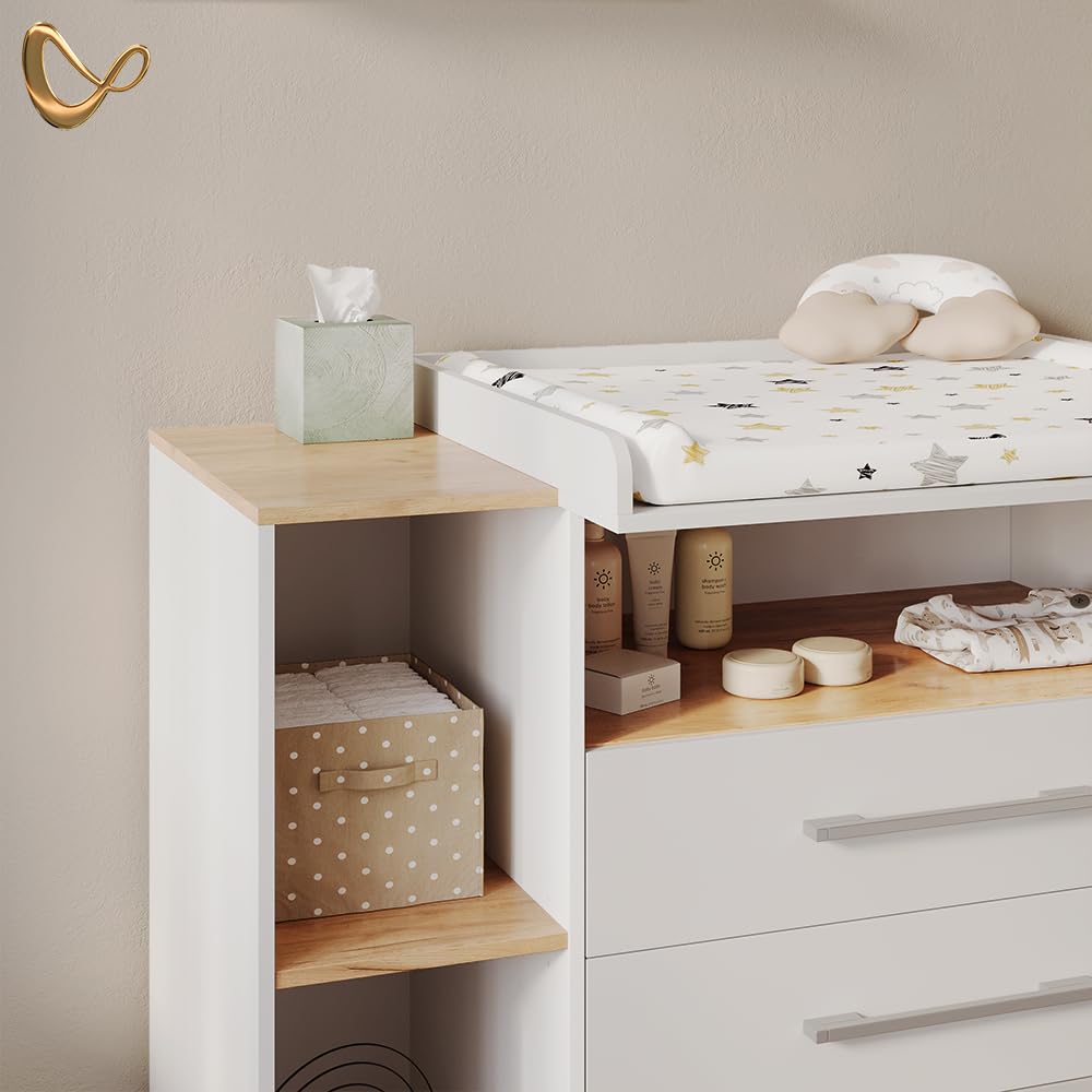 Livinity Cómoda Cambiador Torino, Roble Blanco/Dorado, con 3 cajones