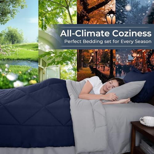 HEVUMYI Twin-XL Comforter Set - 5-Piece All Season Bed in a Bag Twin-XL, Ultra Soft Bedding Set with Comforter, Flat Sheet, Fitted Sheet, Pillowcases, Pillow Shams, Navy Blue & Light Grey