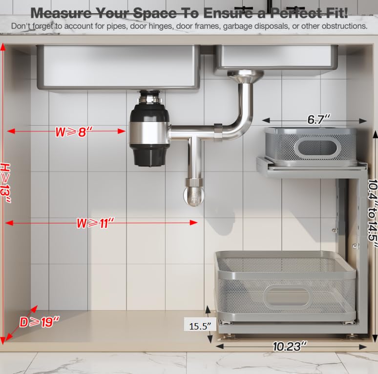 Image of 1 Pack Under Sink Organizer With Next-Gen Ball-Bearing Slides,2-Tier Precision Mesh Pull Out Cabinet Storage for Bathroom&Kitchen,Height Adjustable Drawers Shelf,Anti-rust-Grey