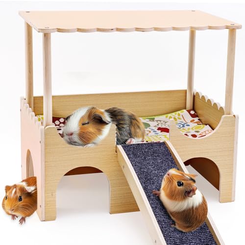 GHWMYD Cabane Cochon d'Inde, Grande Maison Lapin avec Rampe 3 Entrées, Maisonnette pour Rongeurs Nature 38 x 25 x 35cm, Cachette en Bois Petits Animaux de...