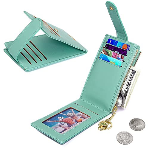 Image of Badiya Slim Women Wallet RFID Blocking Bifold Compact 9 Card Slots Holder Wallets Soft Leather with Zipper Coin Pocket 2 ID Window