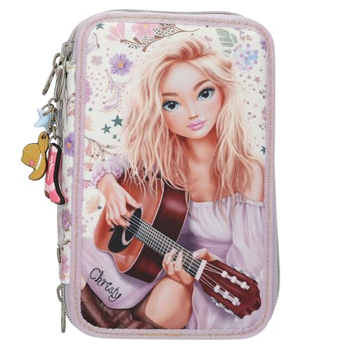 Depesche 13664 TOPModel Cowgirl - Estuche de 3 Compartimentos en Color Morado, con Motivo de Modelo y Estampado de Flores, Estuche con lápices de Colores, Tijeras, Regla y Mucho más