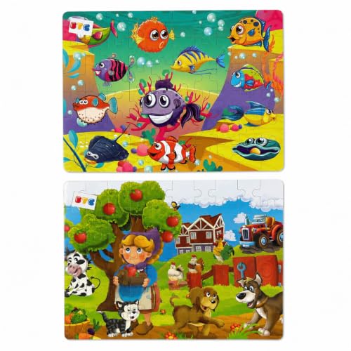 Pack de 2 Puzzles Infantiles 60 Piezas | Puzle Peces + Puzle Granjera | Rompecabezas Educativos para Niños +3 Años | Motricidad, Lógica y Concentración