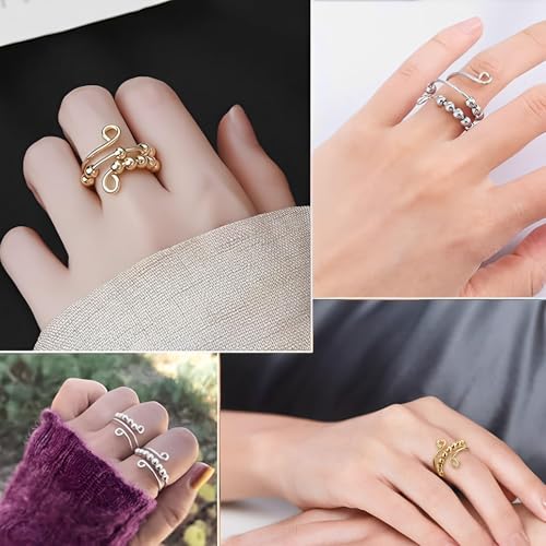 AMSNINK 4 Stück Verstellbare Anti-Stress-Ring Mit 4 Stück Akupressur Ringen, Fidget Ring, Anxiety Ringe, Antistress Ringe, Für Mädchen Und Frauen Stress Relief Ängstlichkeit