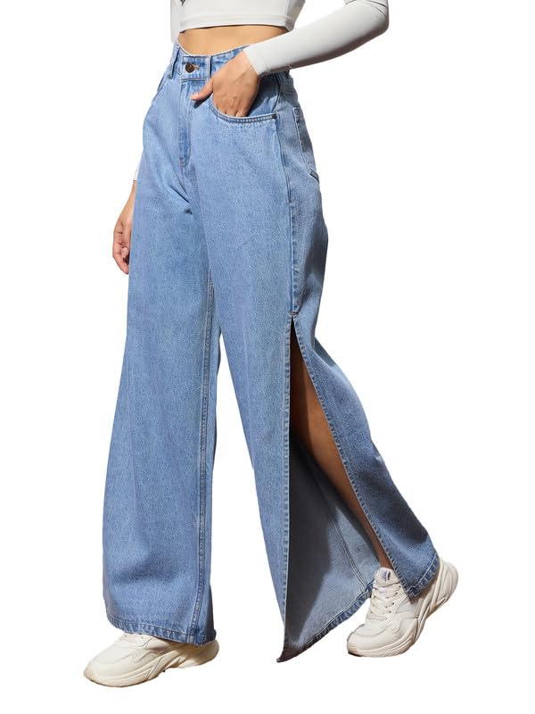 Beige Side Slit Wide Leg Jeans-image-48