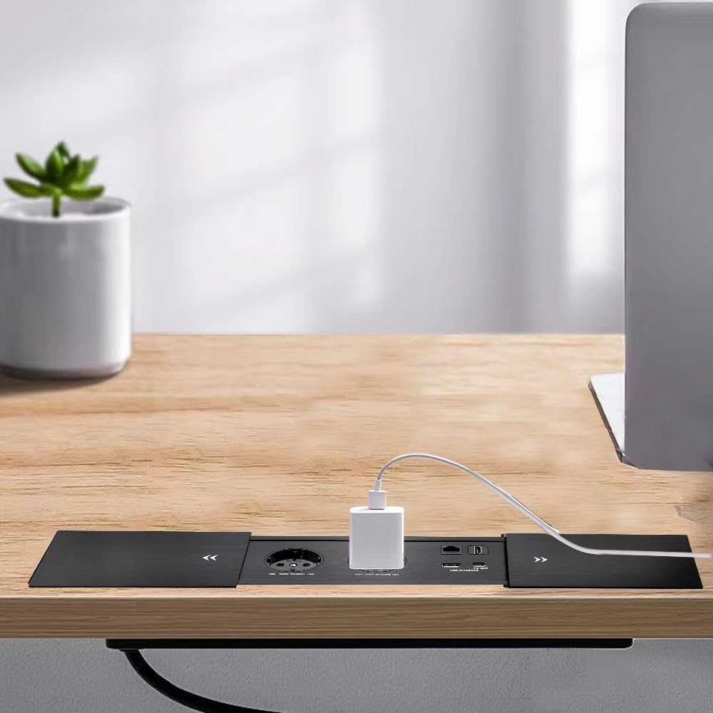 Versenkbare Steckdose mit USB c 65W Konnektivität Box Konferenztisch Power Box mit 2 Steckdosen+ 1 USB-A+C 65W Ladegerät+1 CAT6+ 1 HDMI/USB-C Daten(Schwarz) (Sliding)