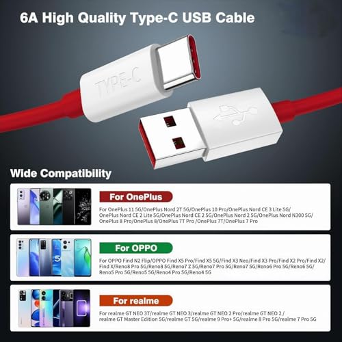 Image of One Plus 100W Supervooc USB Type C Data Sync Fast Charging Charger Cable Compatible with15,15R,13,13R,13S,12,12r,11,11r,10r,10t,10 pro,9 Pro,8,Nord 6,5,4,3,2t,Ce5,Ce6,Ce4,Ce2,Ce3 lite, Red