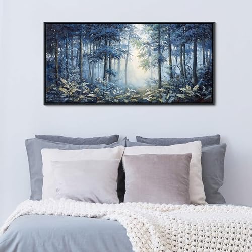 Image of Forest Canvas Wall Art for Living Room - Navy Blue Bedroom Wall Art, Landscape Pictures Wall Decor, Forest Painting, Framed Nature Tree Artwork Walls 20x40IN
