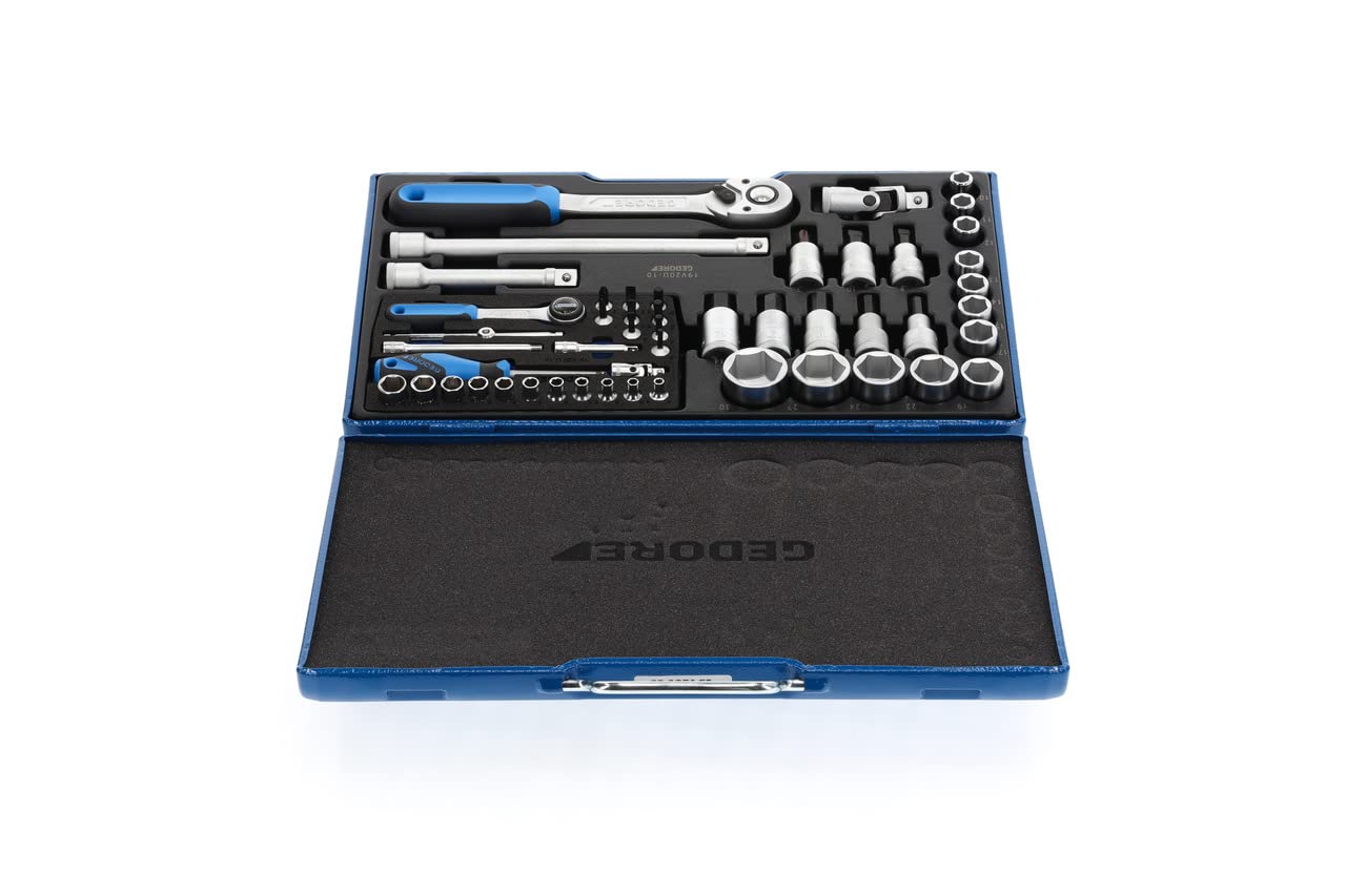 GEDORE Chiave a Bussola, Set di 50 Pezzi, 1/4 pollici e 1/2 pollici, Chiave a Bussola Cricchetto, Bussole, Inserti, Chiave a Bussola Professionale, Chiave a Bussola Auto, 19 V20 U10, Blu