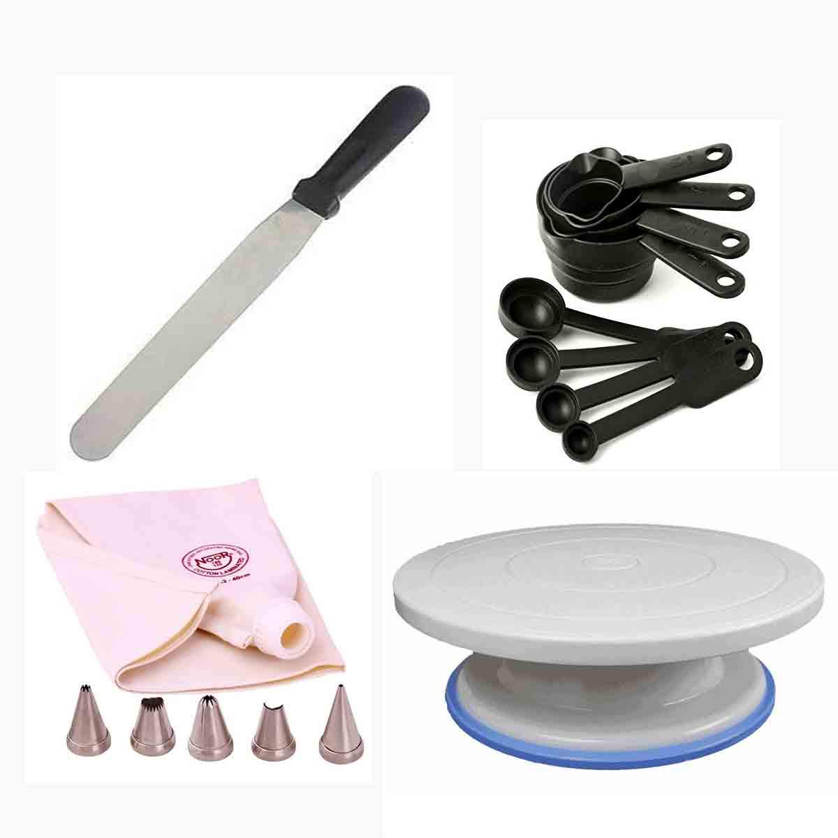 Bakers Pardise ALHUTAIB Combo Set Cake Turn Table; Reusable Icing Bag; Nozzles; Icing Smoothing Spatula; Measuring Cup & Spoon Kitchen Tool Set